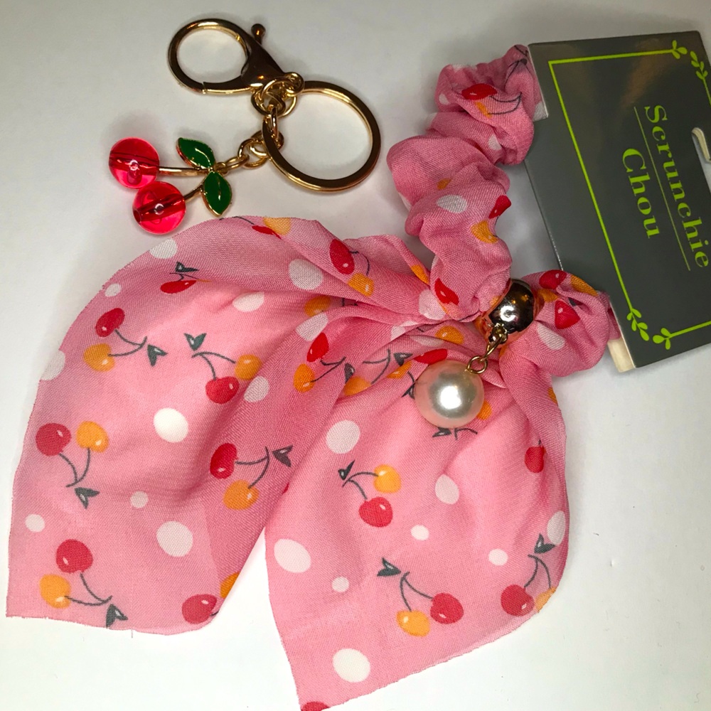 🍒 3/$15 cherry scrunchie and keychain set cute pink hair accessories cherries